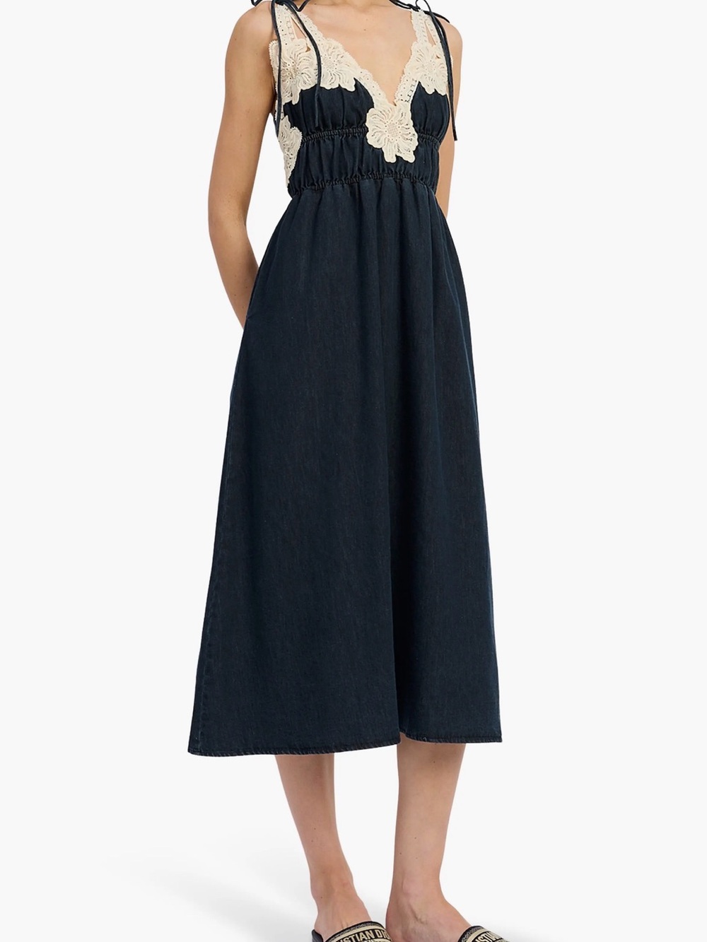 En Saison denim style Midi Dress with Cream Lace Trim XS